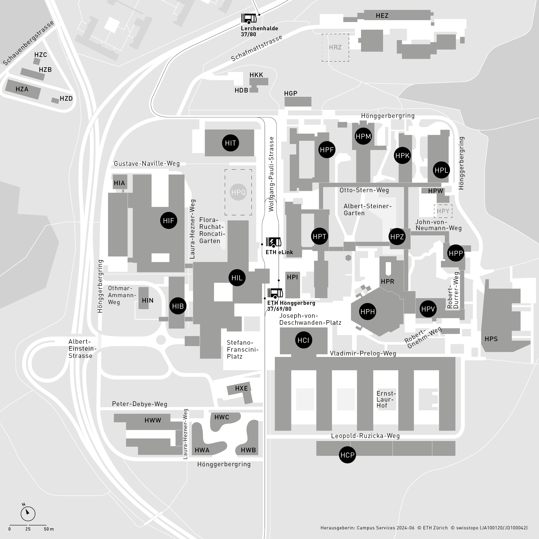 location of the bus stop "ETH Hönggerberg" on a campus map and directions to HCI Building