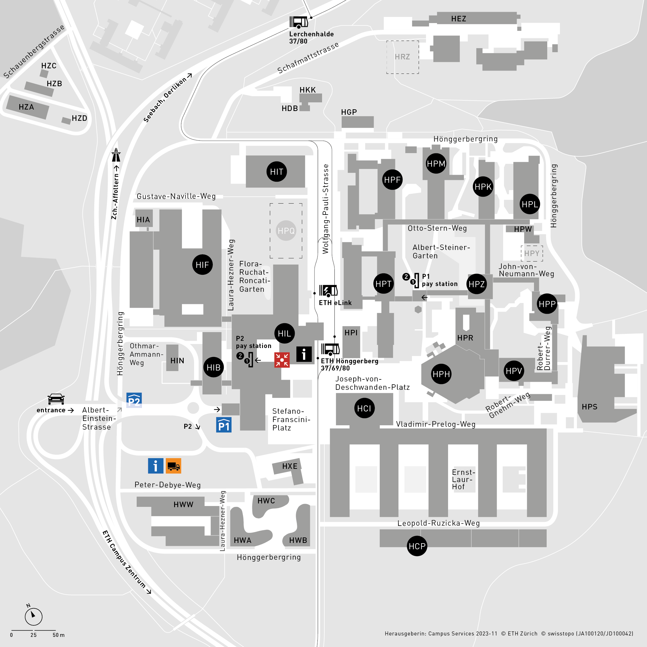 location of the parking locations P1 and P2 on a campus map and directions to HCI Building from bus stop "ETH Hönggerberg" (Exit of parking location P1)